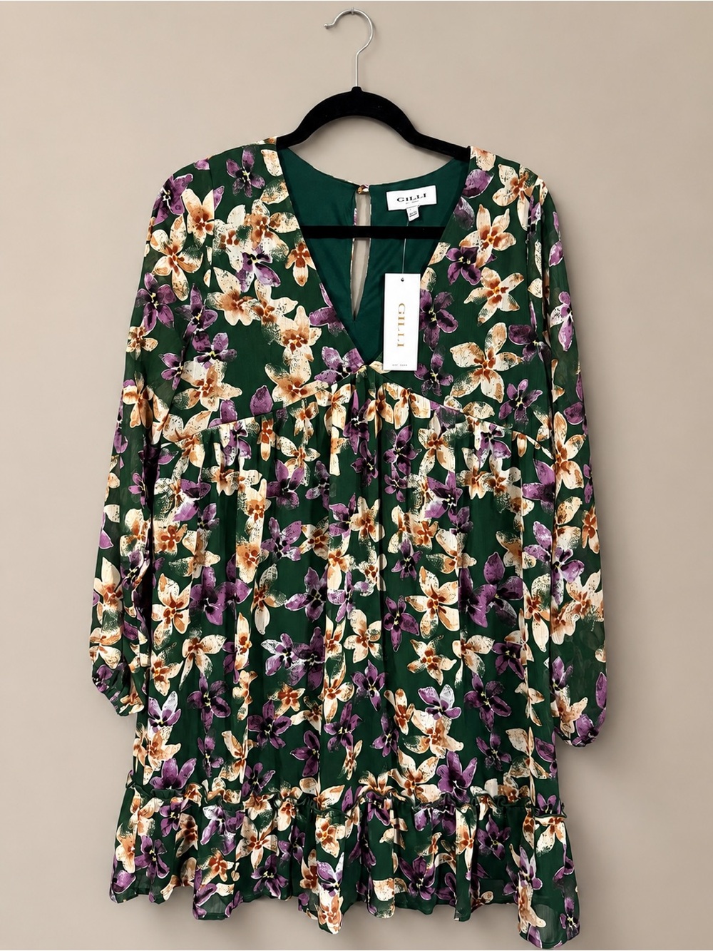 Gilli Green Floral V-Neck Long Sleeve Mini Dress with Purple & Cream Flowers